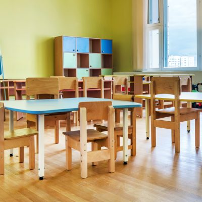 Empty classroom of daycare center without children and teacher. Education concept.